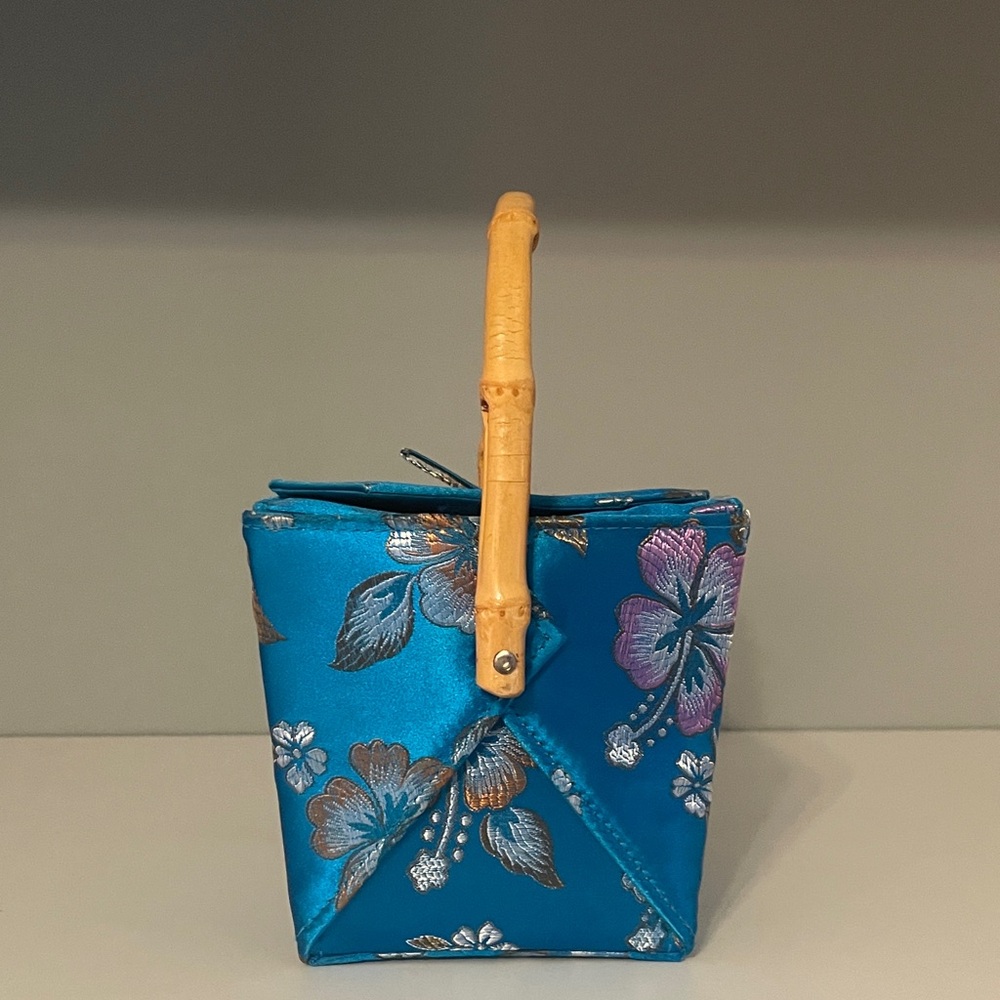 Floral Blue Handbag with Bamboo Handle